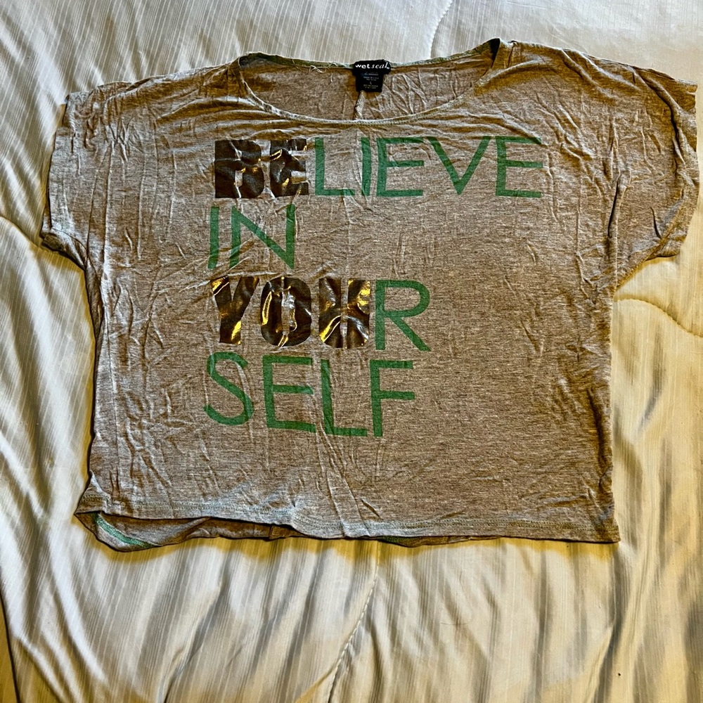 Gray Graphic Tee with Green and Silver Text
